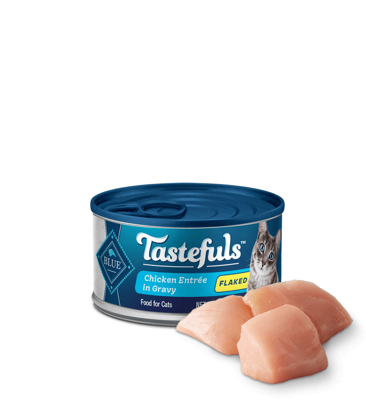 can of Tastefuls Chicken Flake Adult wet cat food with ingredient