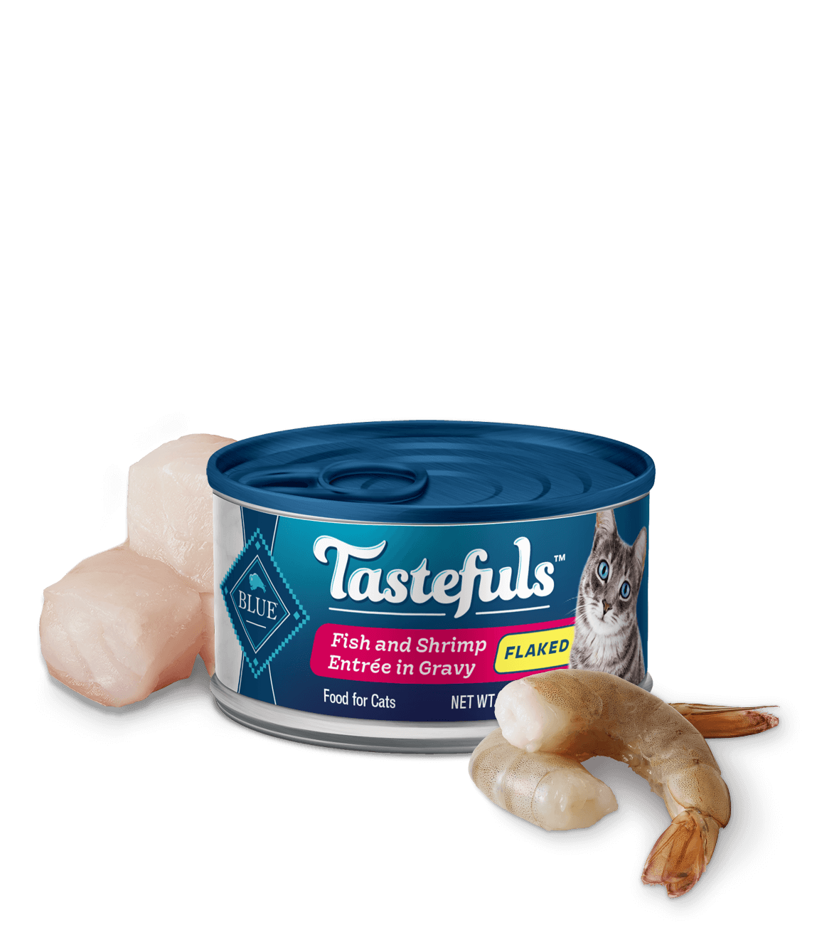 can of Tastefuls Shrimp Flake Adult wet cat food with ingredients
