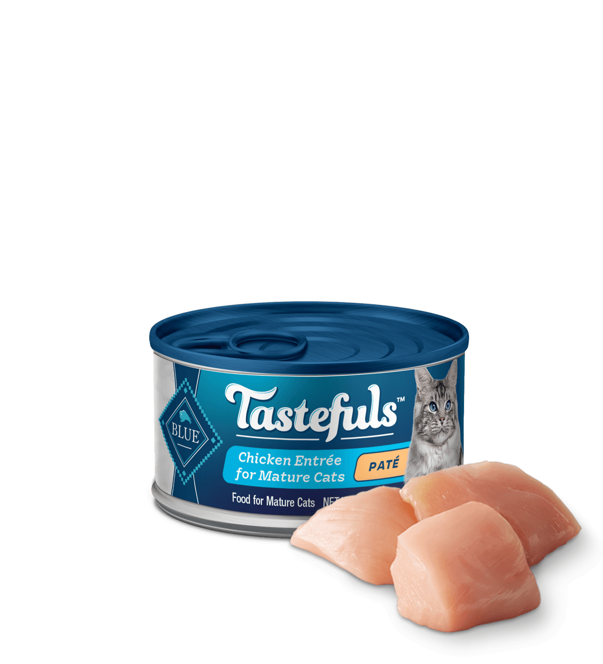 can of Tastefuls Chicken Pate Mature wet cat food with ingredient