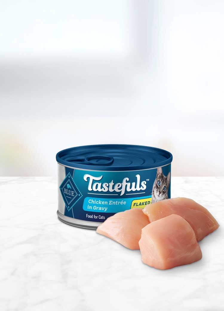 can of Tastefuls Chicken Flake Adult wet cat food with ingredient
