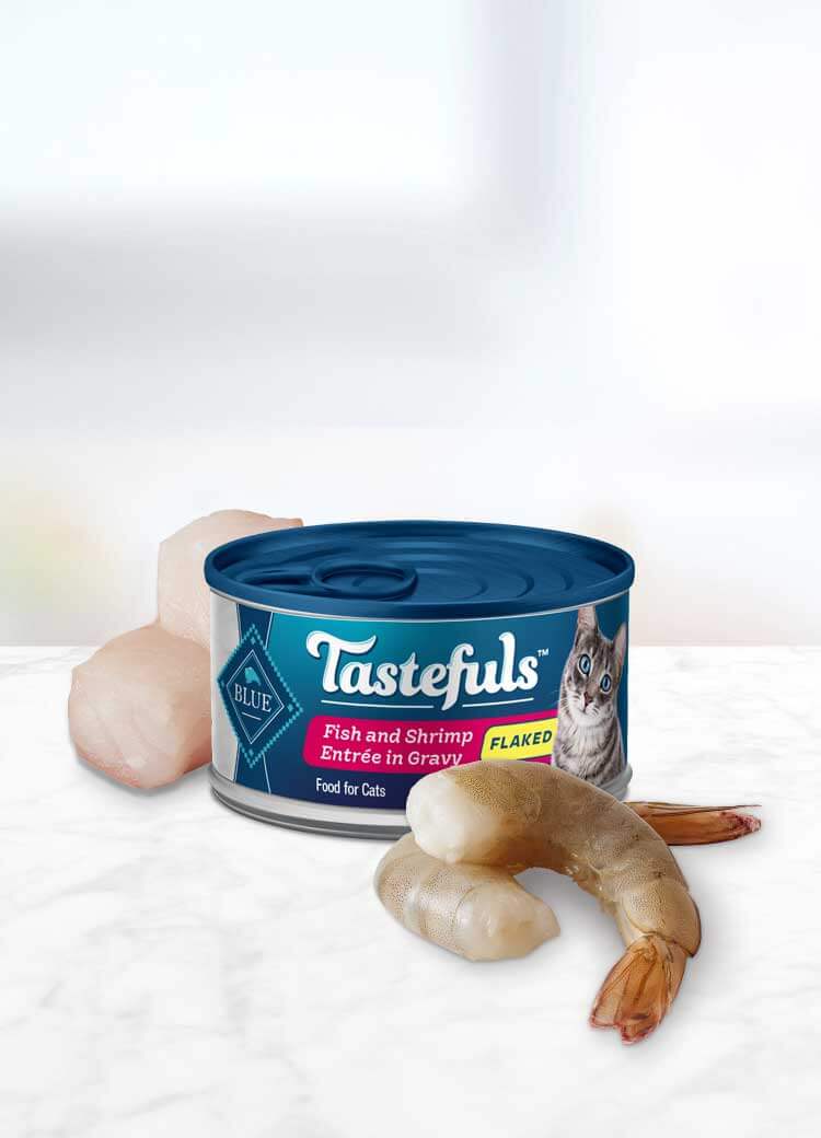 can of Tastefuls Shrimp Flake Adult wet cat food with ingredients