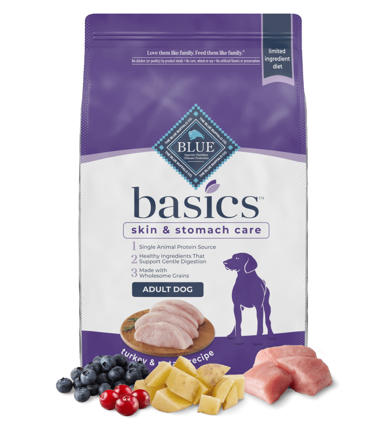 Blue Buffalo Basics skin and stomach care product for adult dog, turkey and potato recipe; front of package with assortment of fresh ingredients