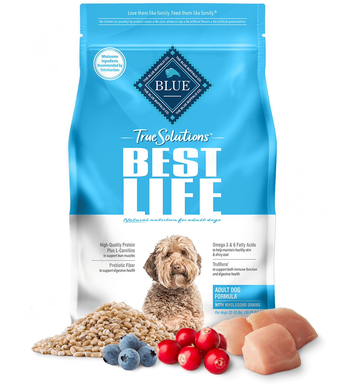 bag of True Solutions Best Life dry dog food with ingredients