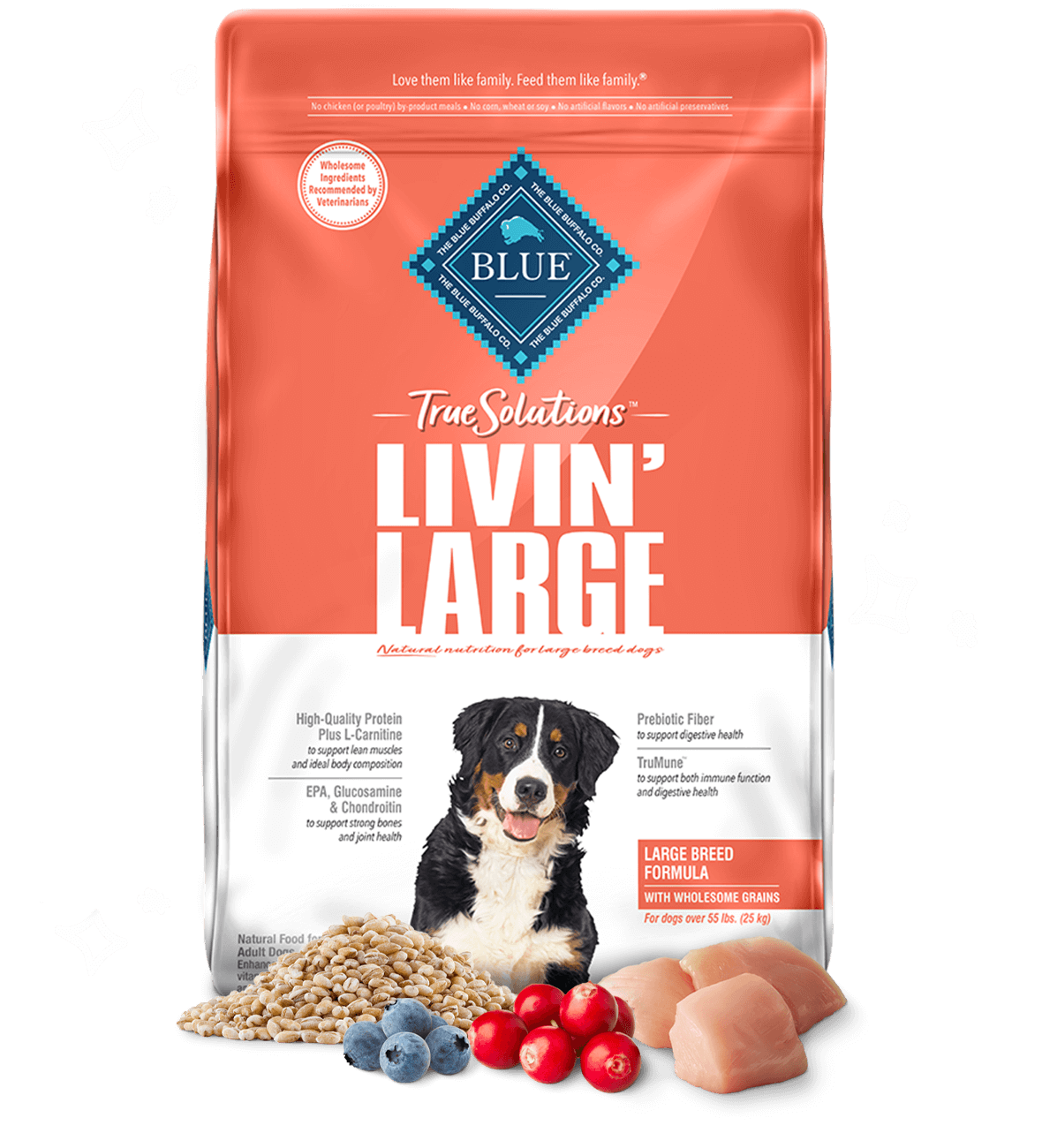 bag of True Solutions Livin Large dry dog food with ingredients