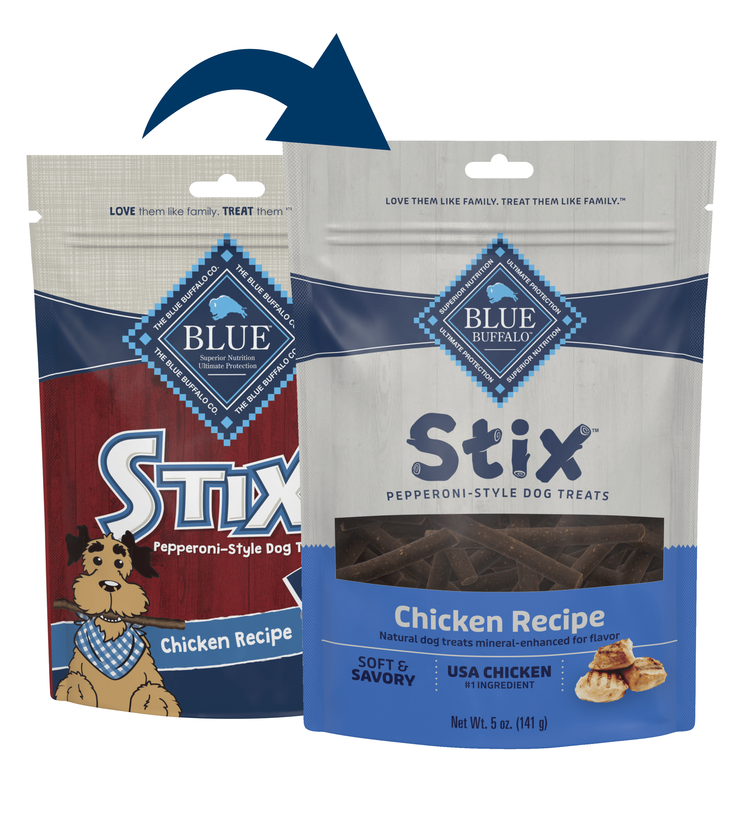 A bag of BLUE Stix Pepperoni-Style Dog Treats Chicken Recipe dog food