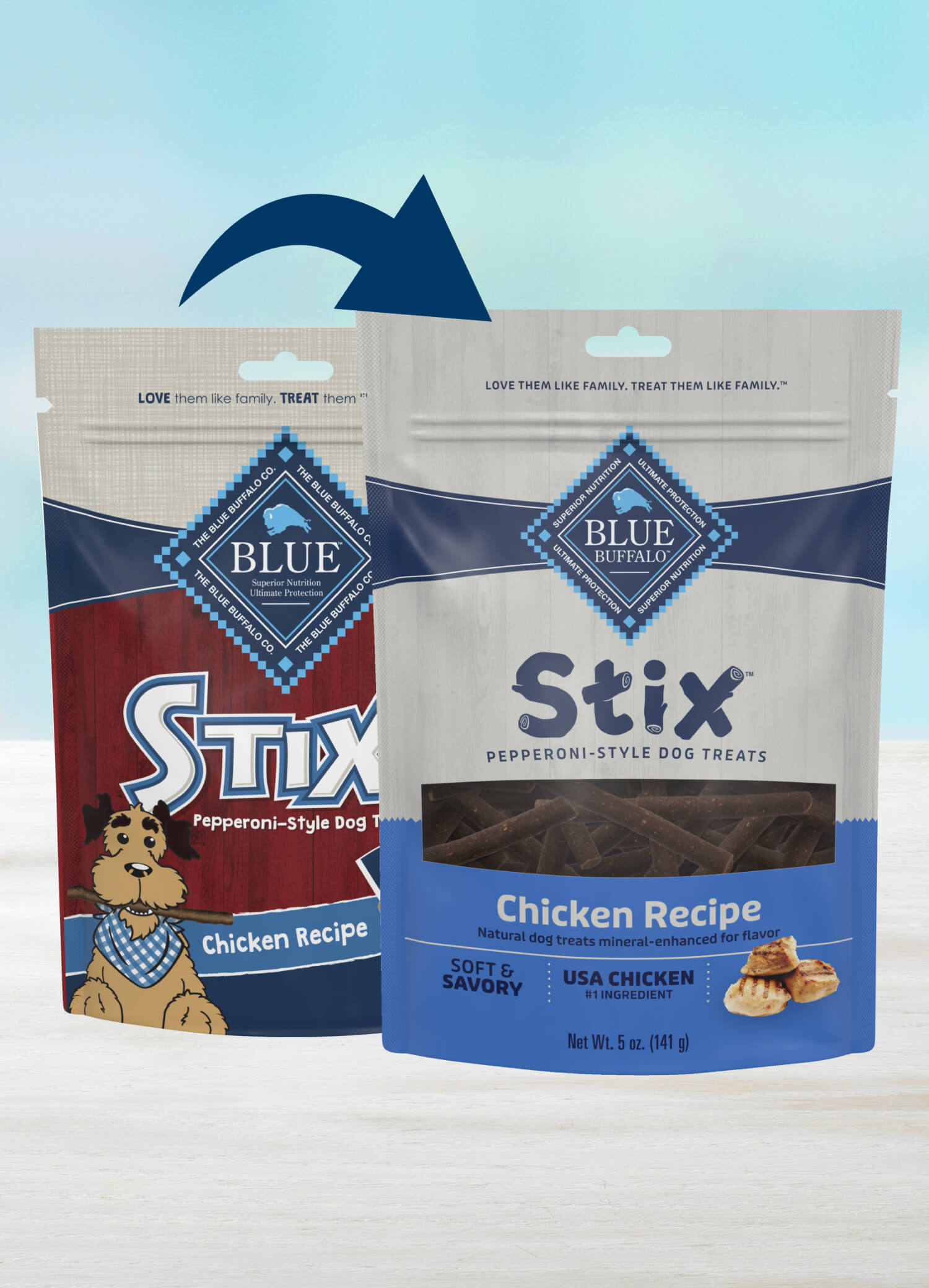 A bag of BLUE Stix Pepperoni-Style Dog Treats Chicken Recipe dog food