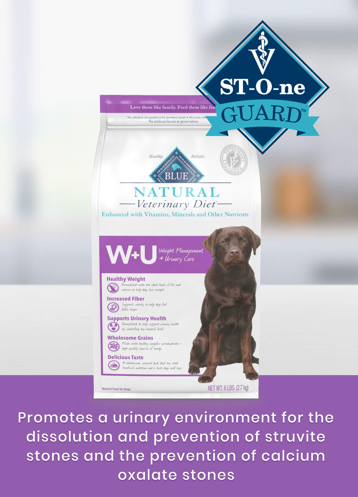 W+U Weight Management + Urinary Care St-O-ne Guard Promotes a urinary environment for the dissolution and prevention of struvite stones and the prevention of calcium oxalate stones.