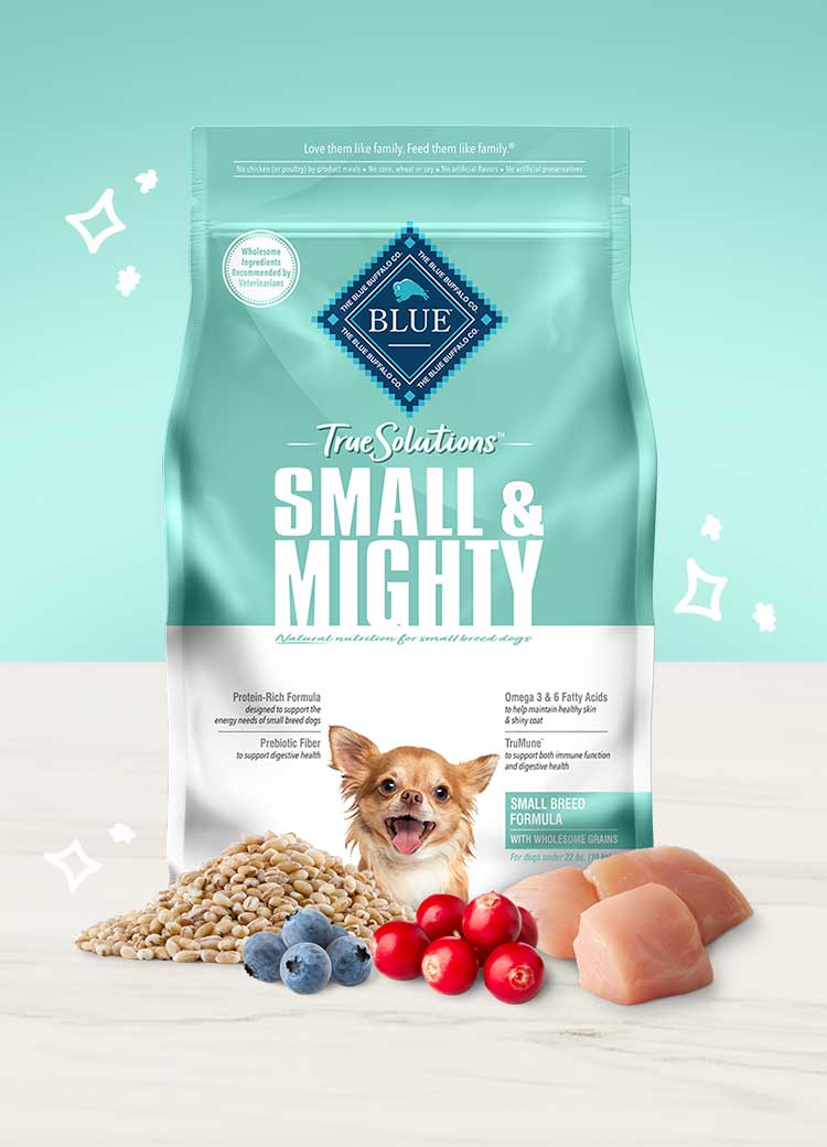 bag of True Solutions Small Might dry dog food with ingredients