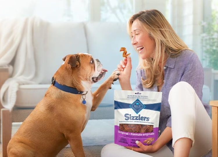 A woman is holding a treat for her Bulldog and smiling. A bag of BLUE Sizzlers is in her other hand. 