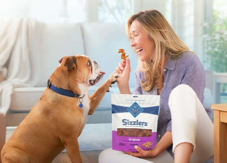 Blue Buffalo - A woman sitting on the floor with her dog, enjoying a peaceful moment together with Blue Sizzlers Dog Treats food