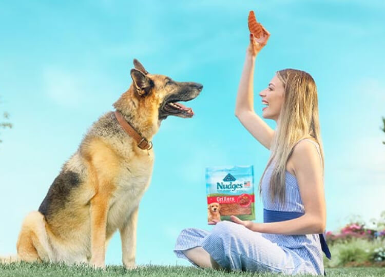 A woman is holding a treat for her German Shepherd. A bag of BLUE Nudges is in her other hand and they’re sitting on a lawn.