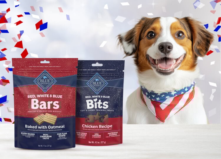 A happy dog wearing an American flag bandana sits near packages of Red, White & Blue Bars and Bits on a table, with red, white, and blue confetti streaming down overhead.