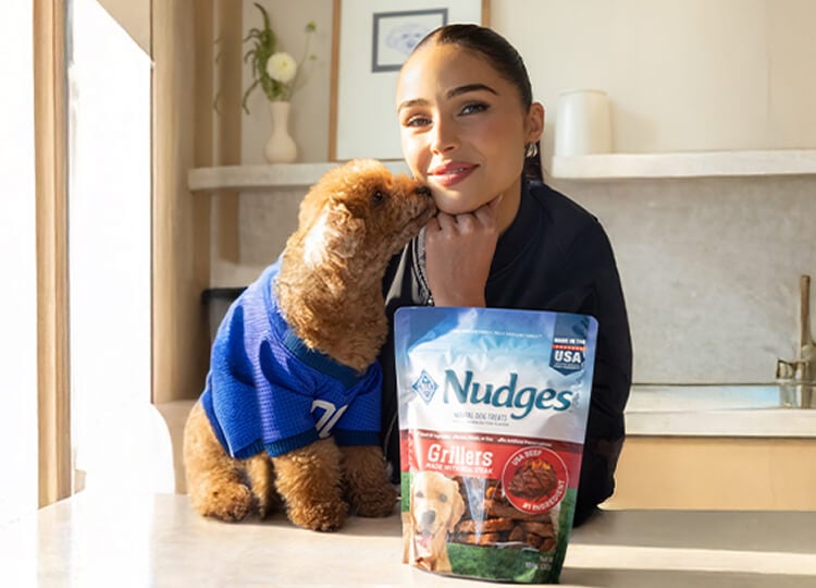 Woman sitting at a counter with a small dog and a bag of Nudges Grillers dog treats in the foreground.