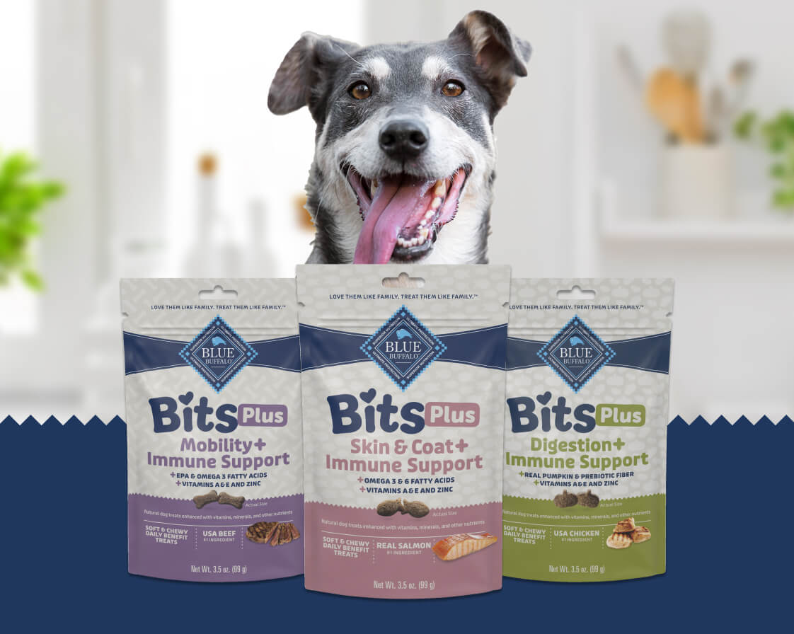A happy, multicolored dog sits behind three packages of BLUE Bits Plus recipes.