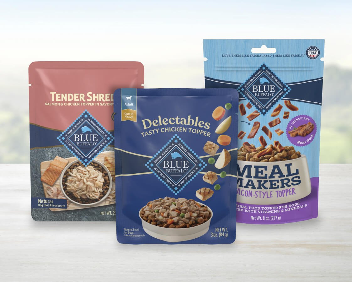 Packs of BLUE Tender Shreds, Delectables and Meal Makers Dog Food Toppers