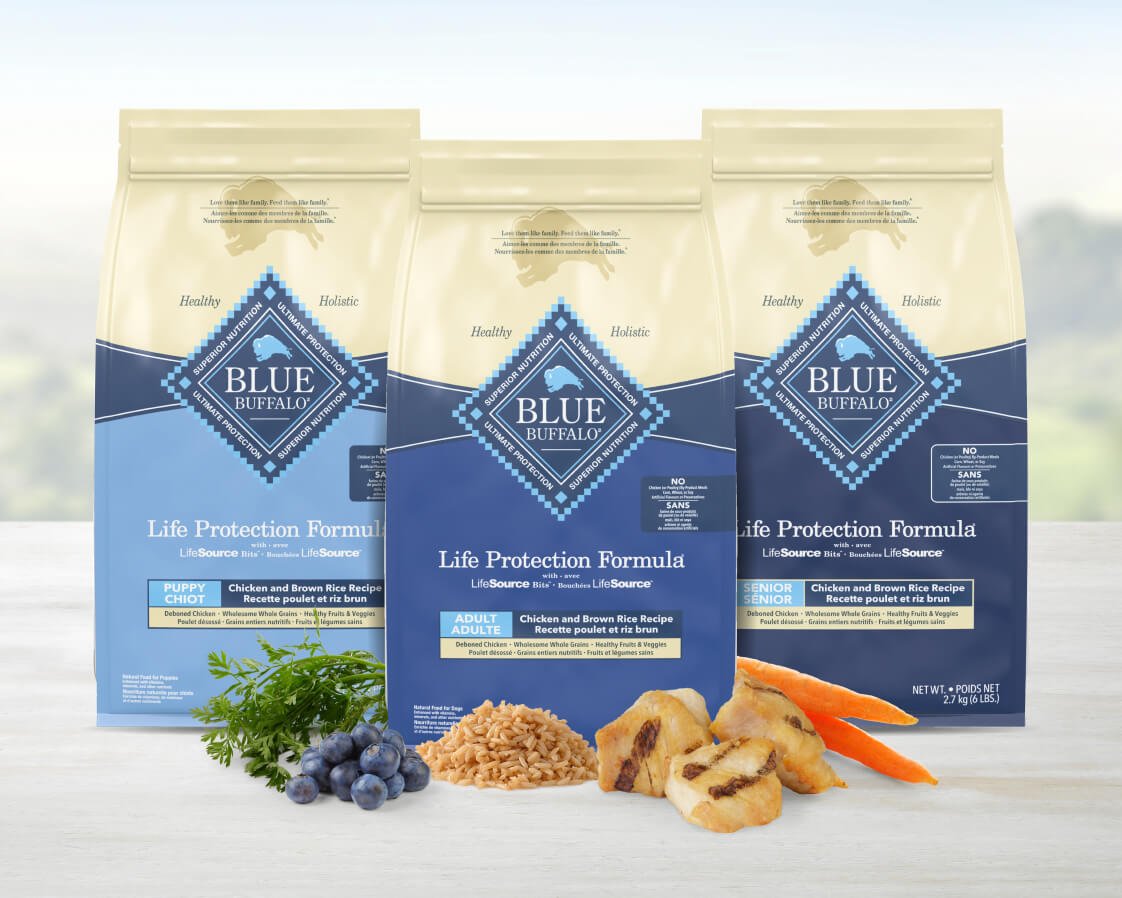 Three bags of BLUE Life Protection dry dog food are positioned behind a neatly arranged assortment of fresh ingredients.