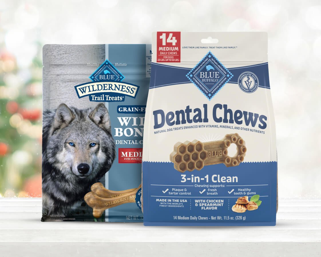 Two Wilderness Wild Bones and Dental Chews dog treat packages sit on a festive background.