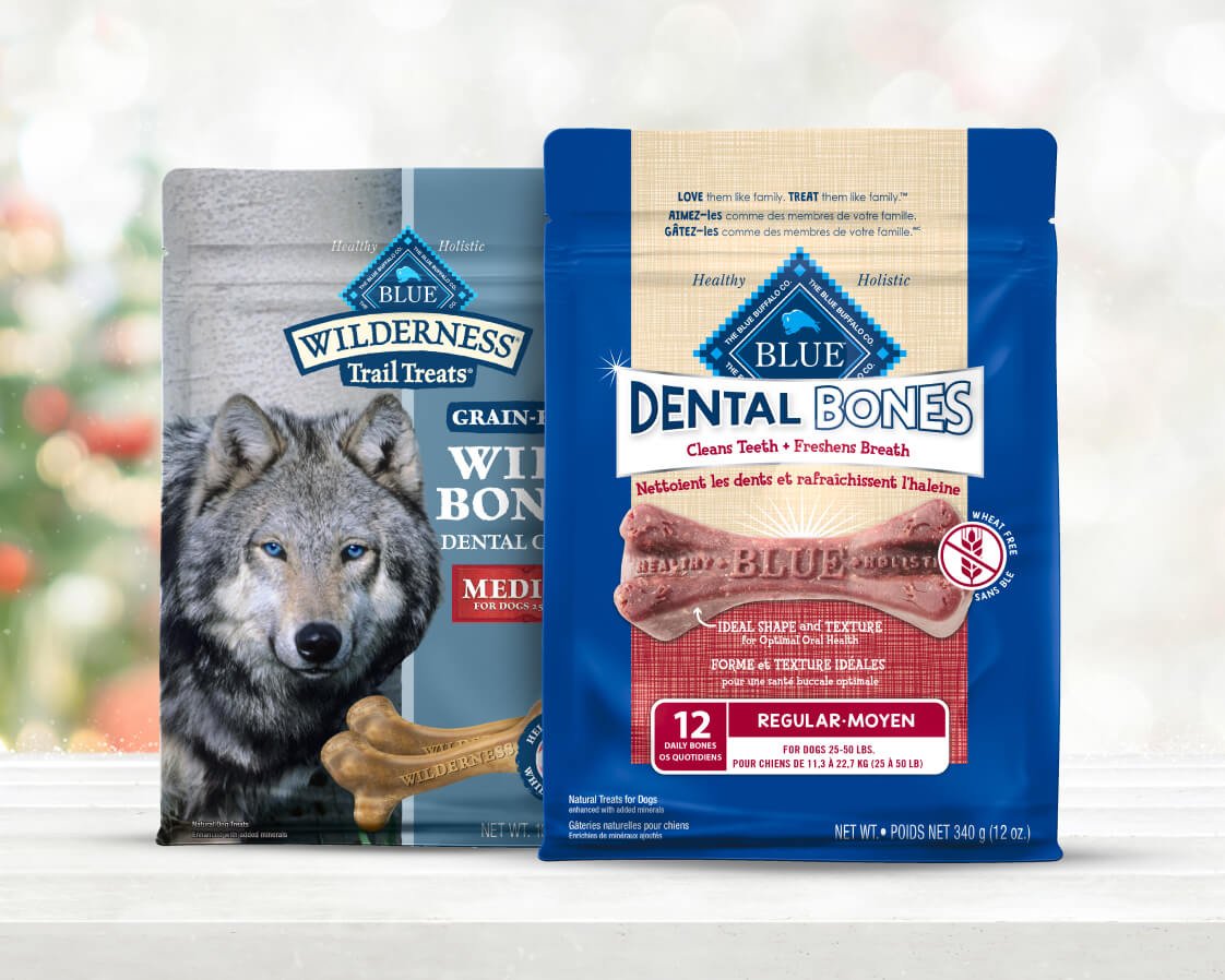 Blue Wilderness dog treats packaging with dental bones and grain-free wild bones