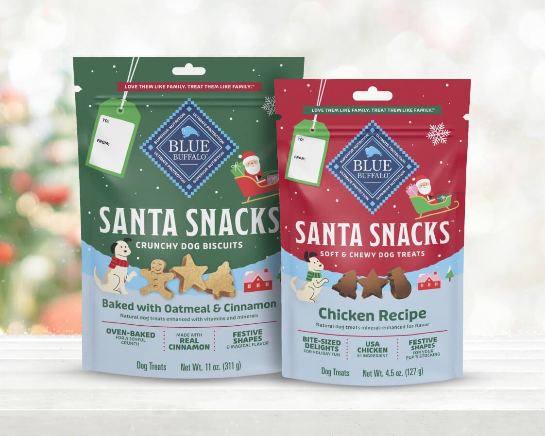 A pack of BLUE Santa Snacks Bits and Santa Snacks Crunchy Biscuits