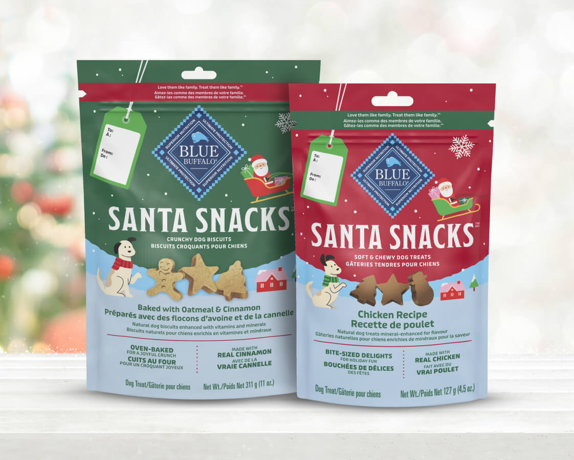 Two bags of Blue Buffalo Santa Snacks dog treats with holiday-themed packaging.