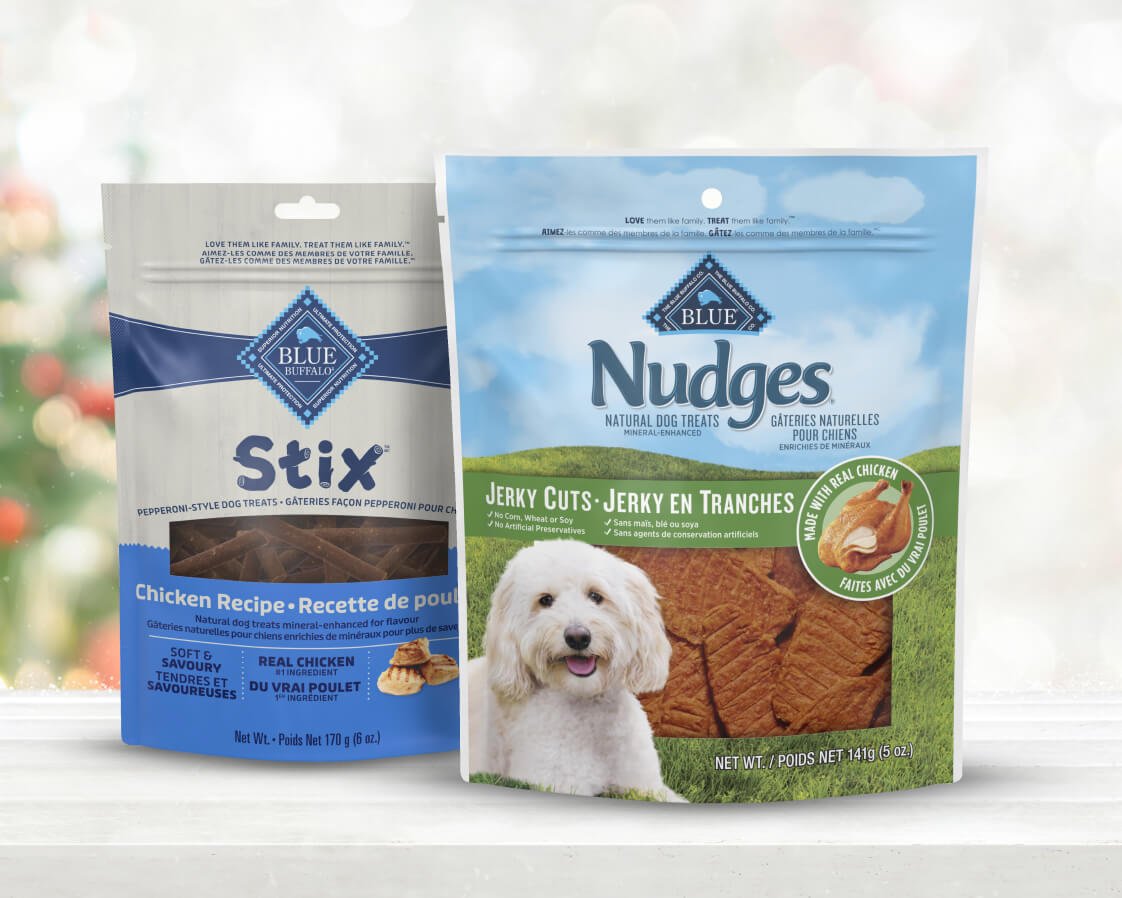 Blue Buffalo Stix and Nudges dog treats packaging with chicken recipe