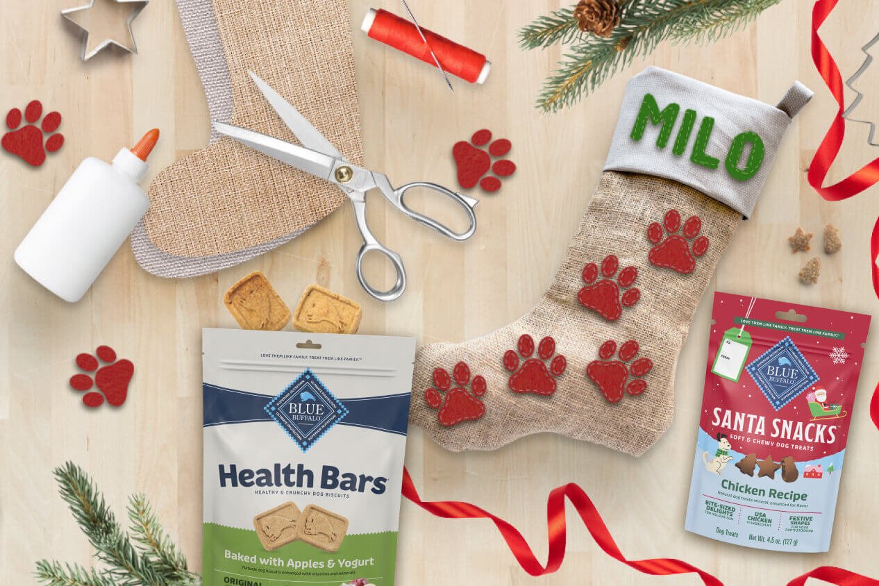 Two bags of BLUE dog treats are lying next to scissors, glue, ribbon, thread, and a handmade stocking that says “Milo”.