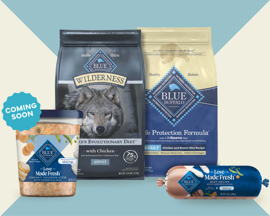 A tub and roll of Love Made Fresh refrigerated dog food and two bags of BLUE dry dog food