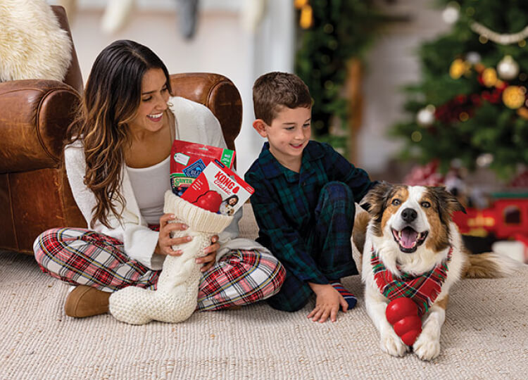 A mom and her son are sitting with their medium-sized dog who’s holding a red Kong toy between its paws. She’s holding a stocking filled with Kong toys and BLUE Santa Snacks.