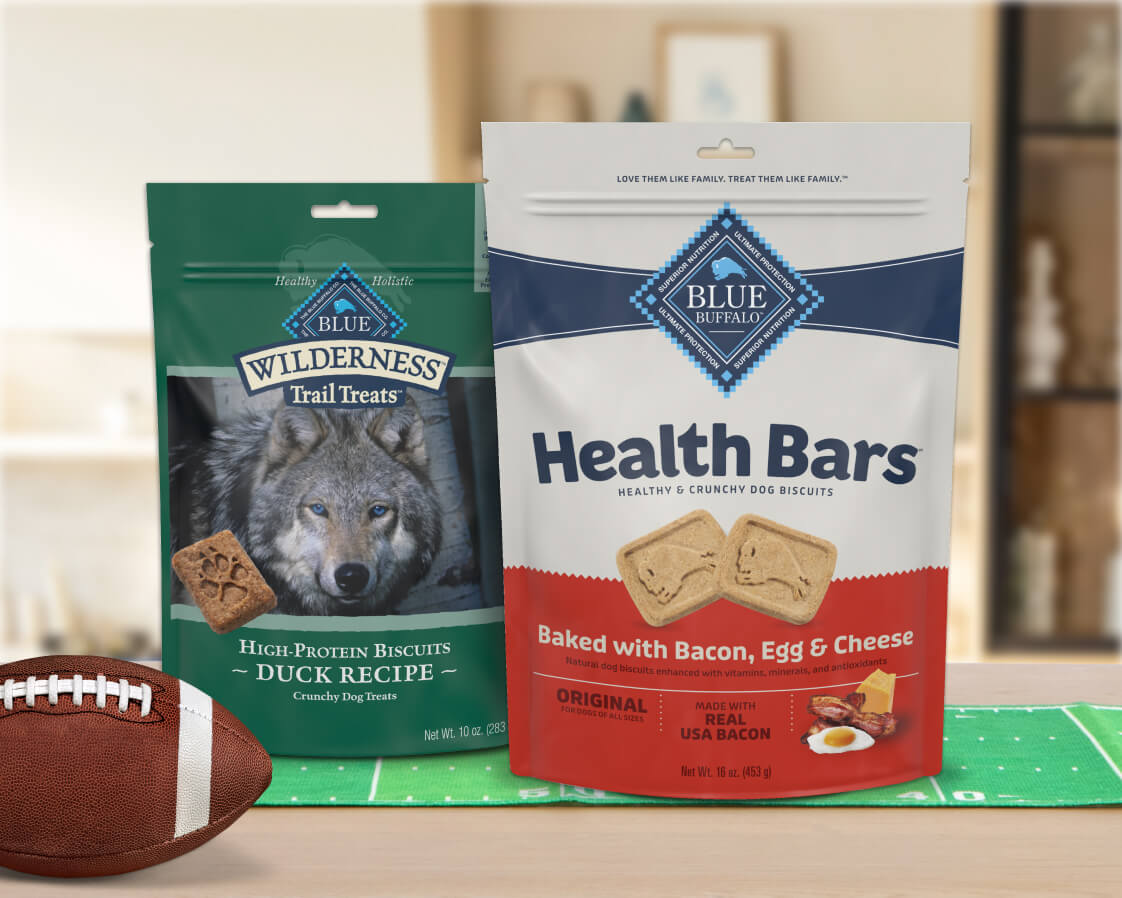Blue Buffalo dog treat bags: Wilderness Duck Recipe and Health Bars Bacon, Egg & Cheese