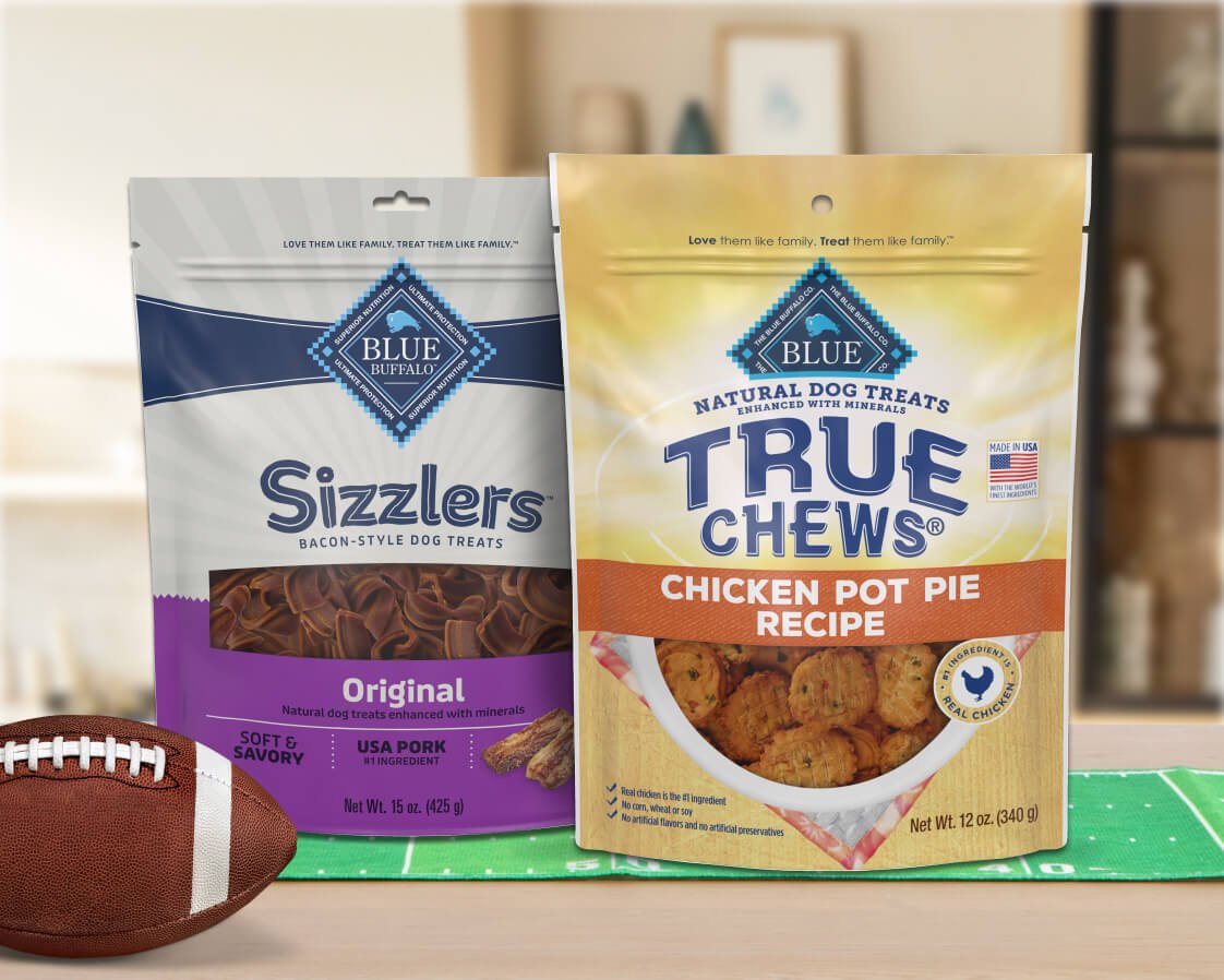 Two Blue Buffalo dog treat bags, Sizzlers and True Chews.
