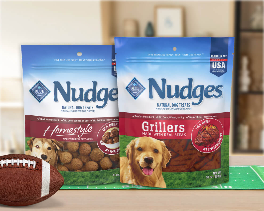 Nudges dog treats packaging with Homestyle and Grillers varieties, featuring beef as #1 ingredient.
