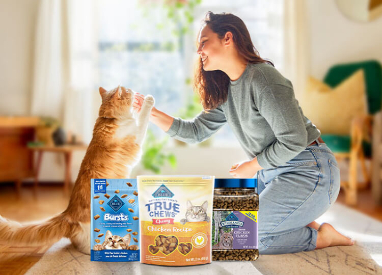 A woman is feeding her cat and smiling. Bags of BLUE Bursts, True Chews and BLUE Wilderness cat treats are on the floor.