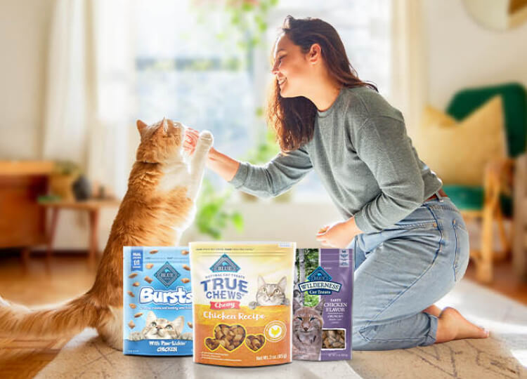 A woman is feeding her cat and smiling. Bags of BLUE Bursts, True Chews and BLUE Wilderness cat treats are on the floor.