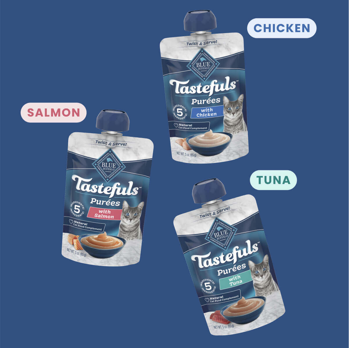 Tasteful cat Purées chicken, salmon and tuna packs