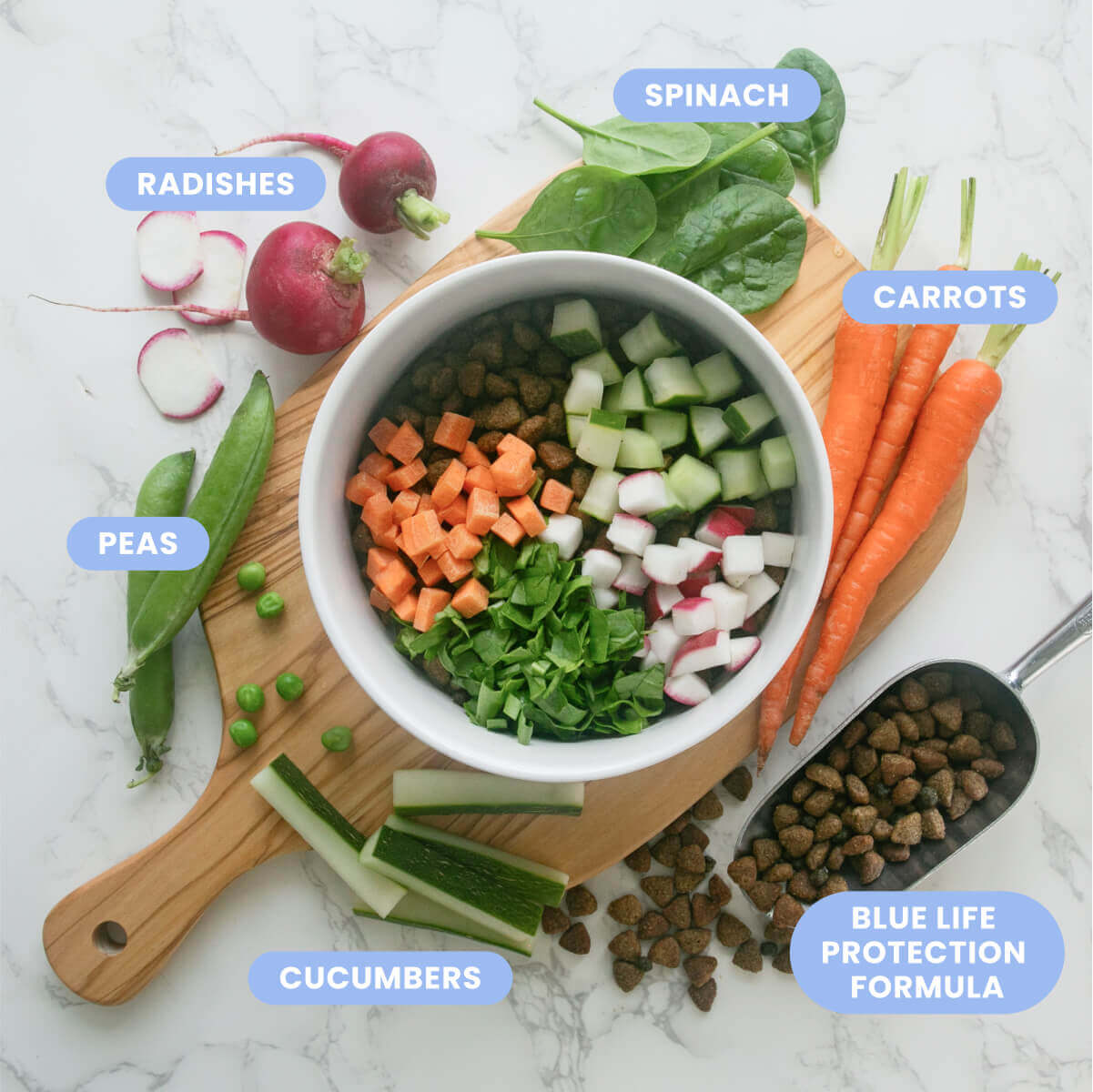 A white bowl on a chopping pad filled with a raw food salad: BLUE Lamb and Brown Rice Recipe with Cucumbers, Peas, Spinach, Carrots, Radishes.