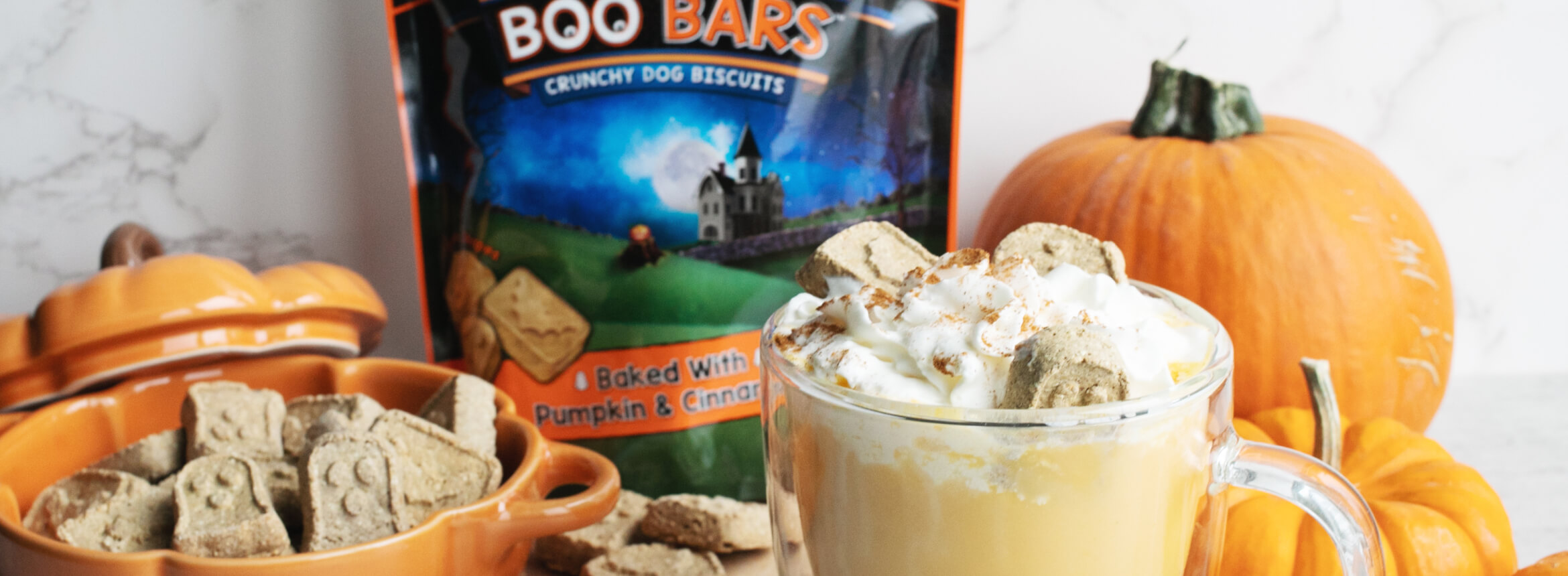 Pumpkin spice dog treats with drink and pumpkins