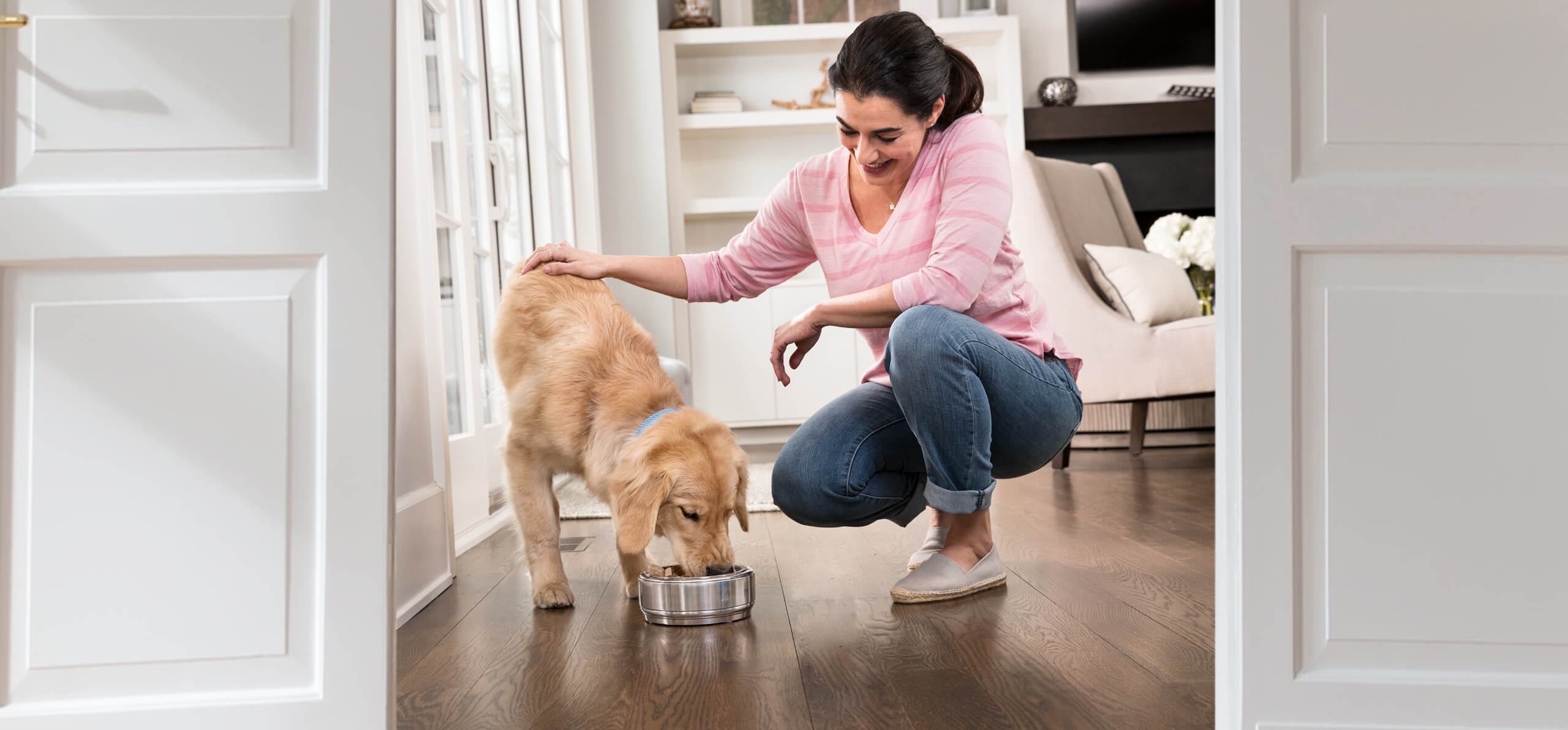 dog being petted by woman as it eats out of its bowl