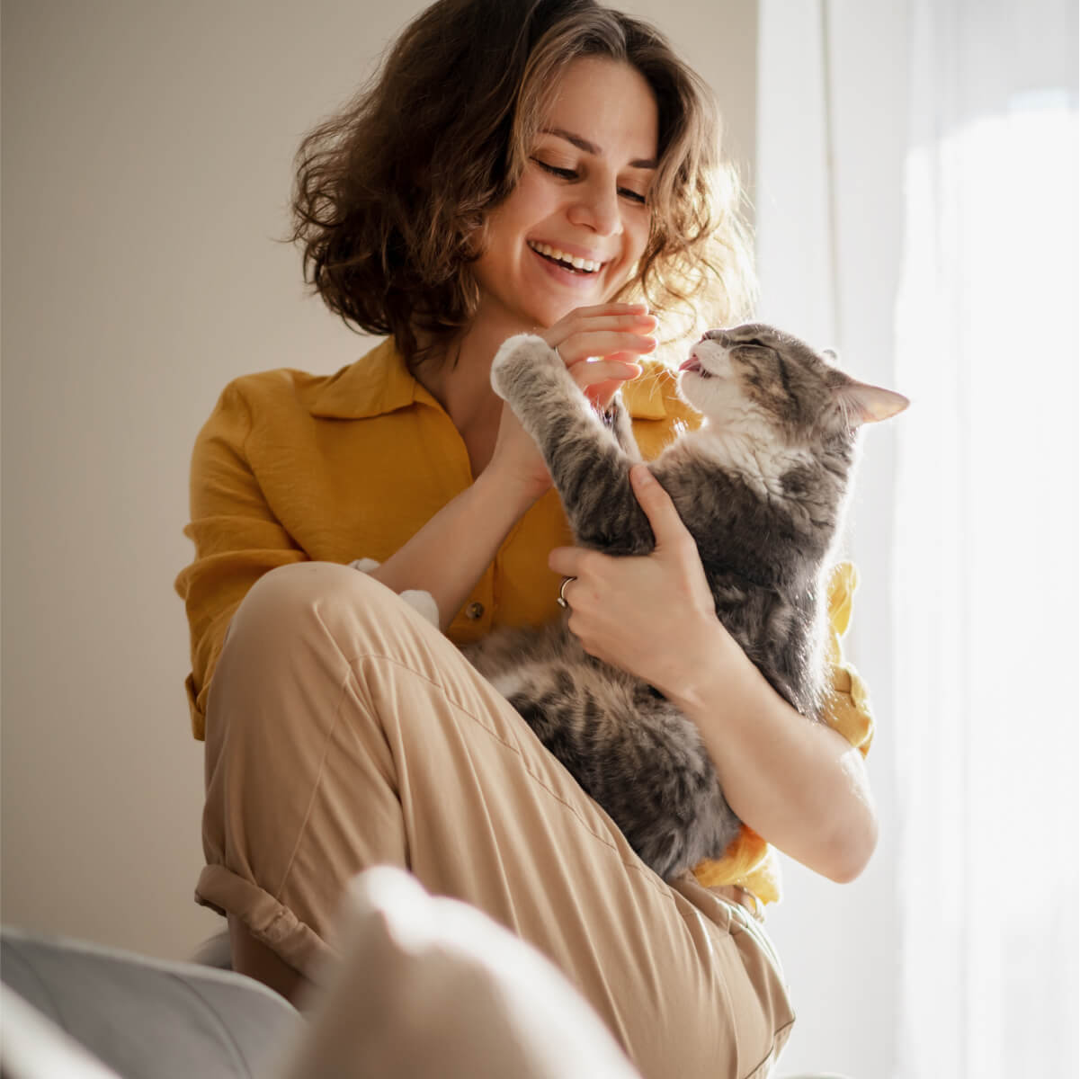 Foster a pet - Woman playing with a cat