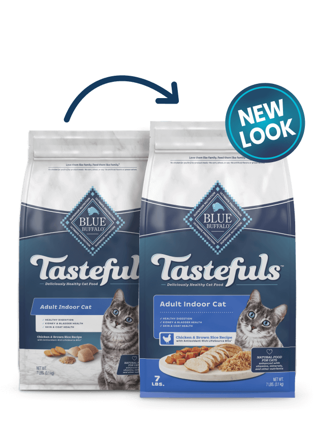 Two bags of Blue Buffalo Tastefuls adult indoor cat food, one with old packaging and one with new design, indicating a recent rebranding.