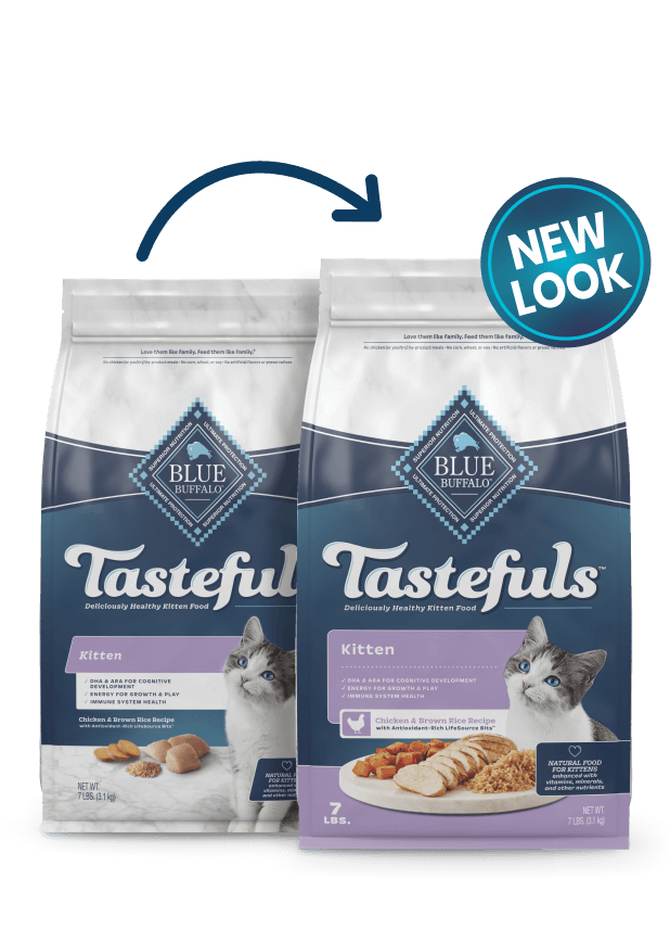 Two bags of Blue Buffalo Tastefuls kitten food, with a 'New Look' label, featuring a grey kitten, emphasizing healthy ingredients.