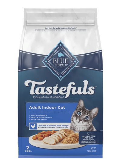 A 7-pound bag of Blue Buffalo Tastefuls adult indoor cat food. The packaging is blue with a picture of a cat and the food, emphasizing chicken and brown rice recipe.