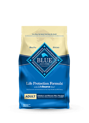 A bag of Blue Buffalo Life Protection Formula adult dog food, chicken and brown rice recipe, with blue and white packaging.