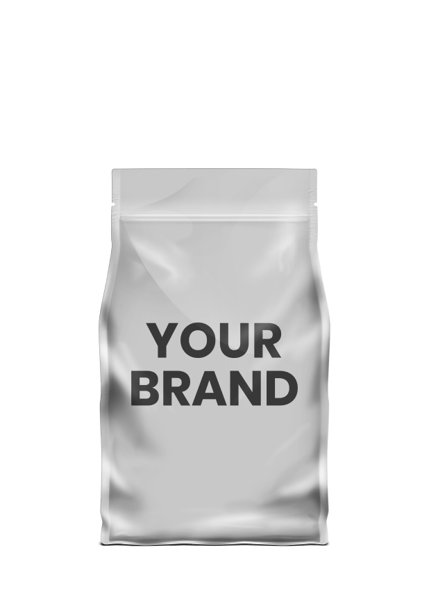 A blank, sealed, stand-up pouch with YOUR BRAND text