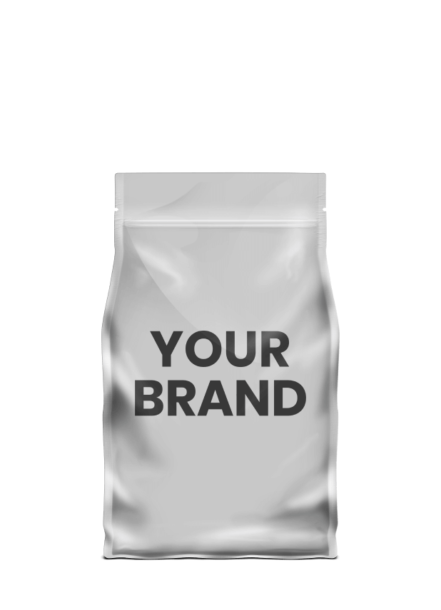 Silver packaging pouch with the words "Your Brand" printed on the front.