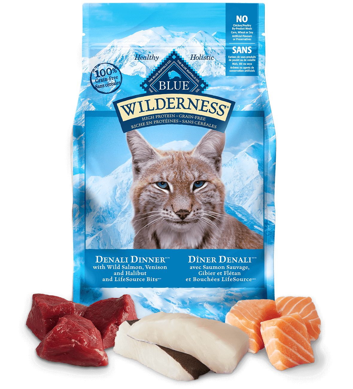 blue wilderness dîner denali saumon sauvage, gibier et flétan, adulte chat nourriture sèche