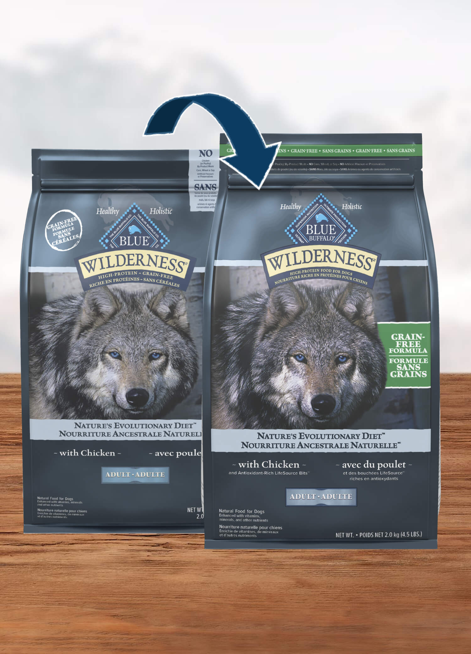 Displaying Two bags of Blue Buffalo Wilderness chicken-flavored, grain-free dog food with an image of a wolf on the front, indicating a switch from grain to grain-free formula highlighting the packaging transition.
