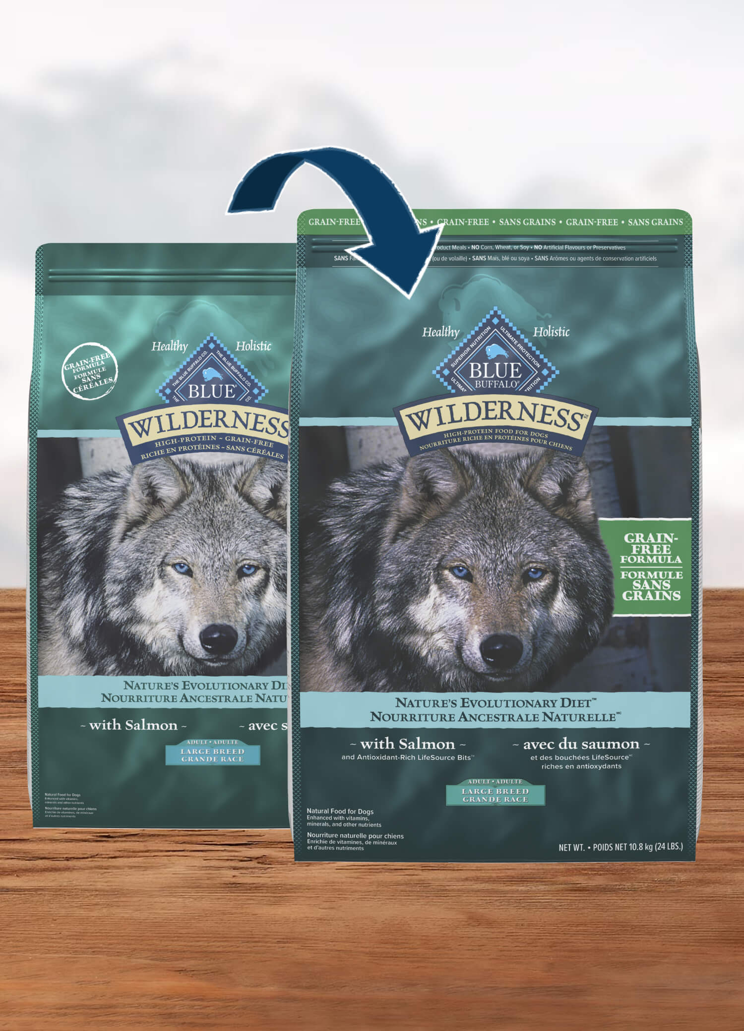 Displaying Two bags of Blue Buffalo Wilderness dog food with an image of a wolf, highlighting the grain-free formula with salmon for large breed dogs and the packaging transition.