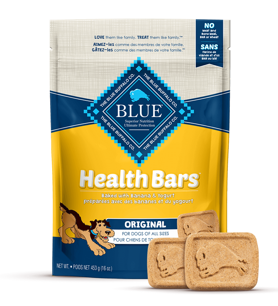 blue health bars with banana and yogurt dog treats