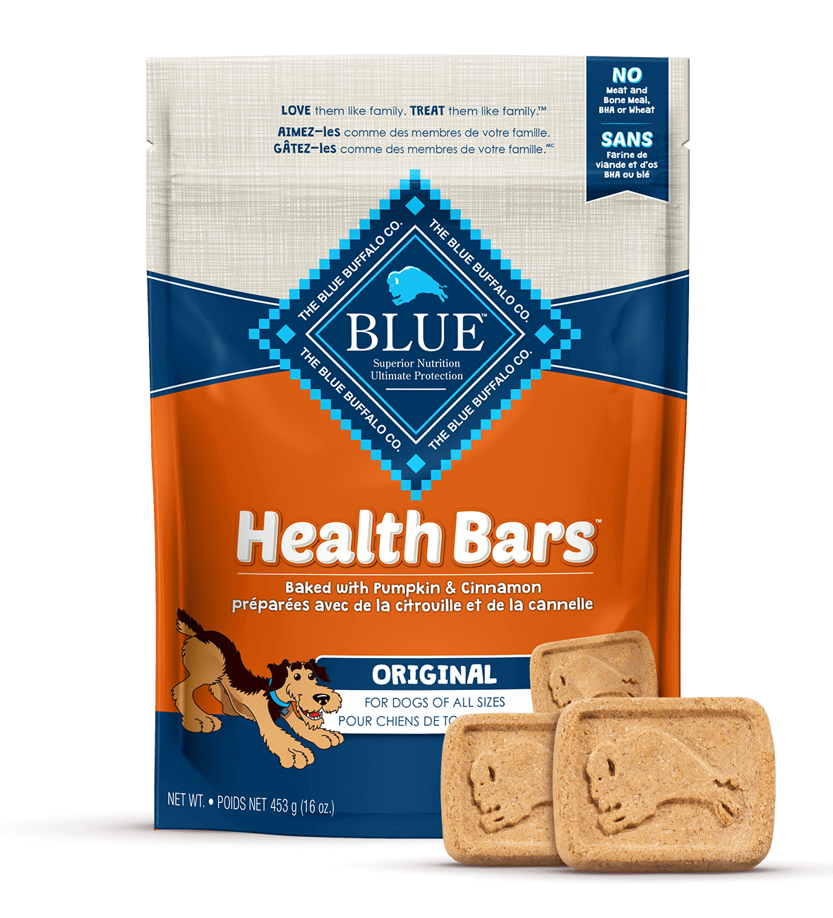 blue health bars with pumpkin and cinnamon dog treats
