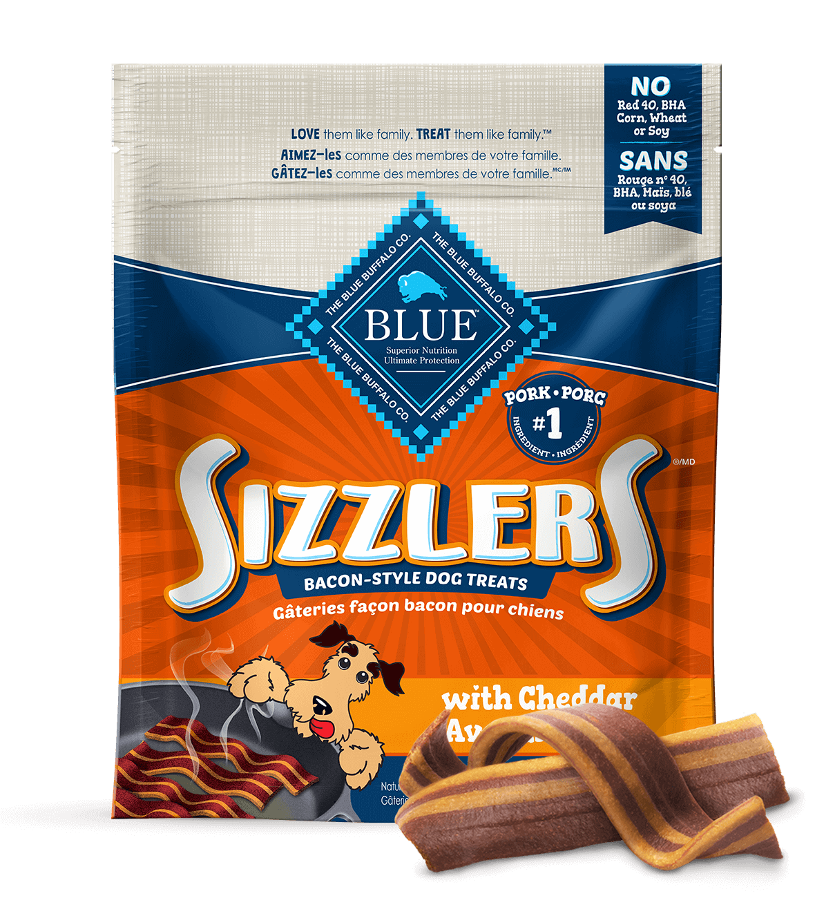 blue sizzlers bacon-style dog treats with cheddar dog treats